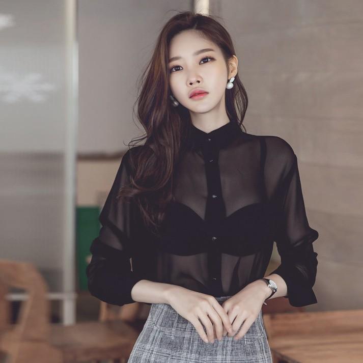 ブラウス トップス レディース シースルー シャツ シフォン 長袖 大きいサイズ 前ボタン セクシー 透け感 黒 ブラック 韓国ファッション